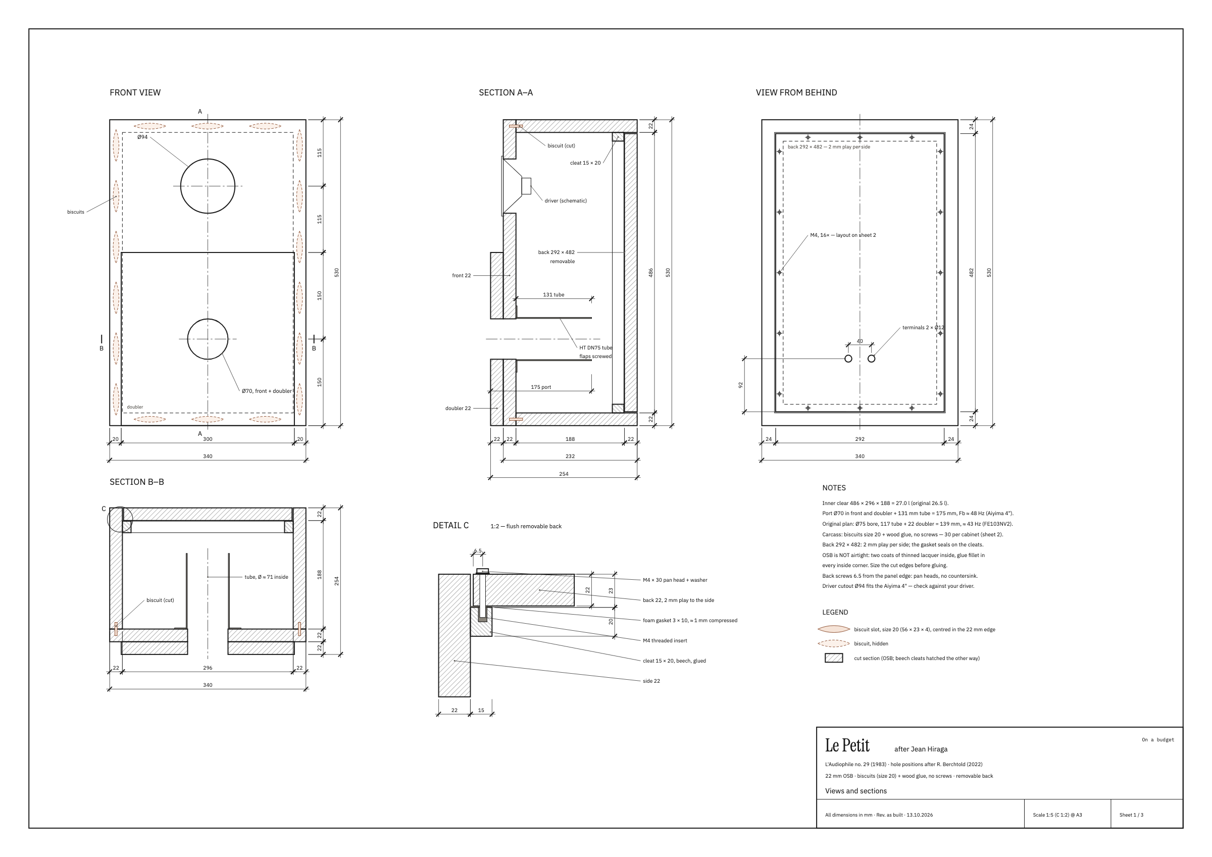Sheet 1: front view, sections A–A and B–B, view from behind, detail C
