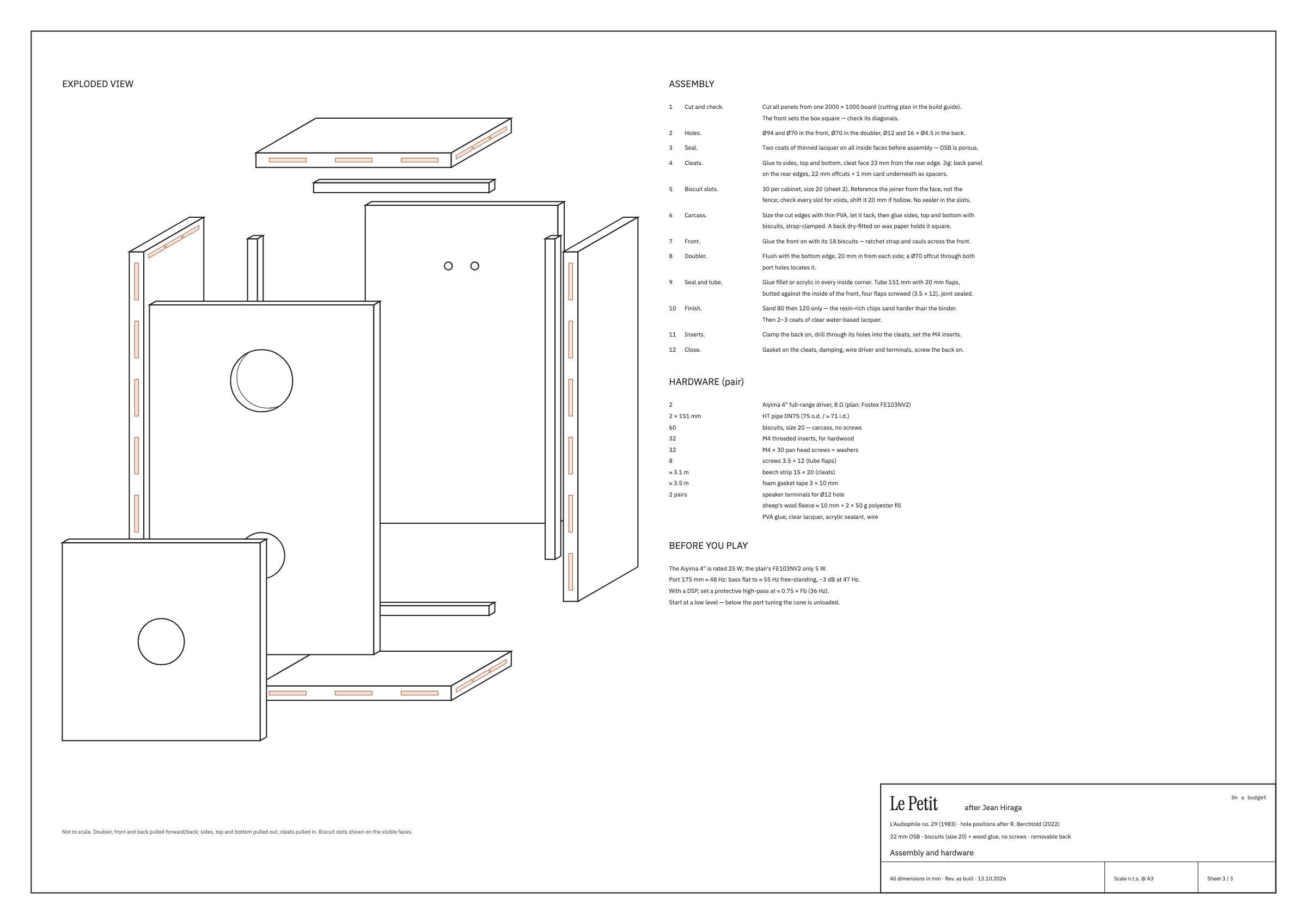Sheet 3: exploded view, assembly order, hardware