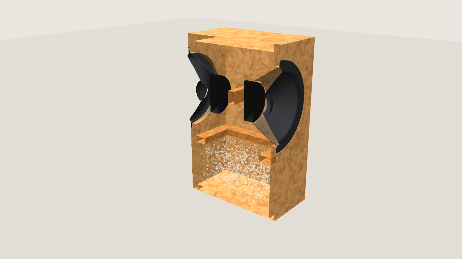 Cut open: the opposed drivers, the tie strip between the magnets, the window brace and the wool below it