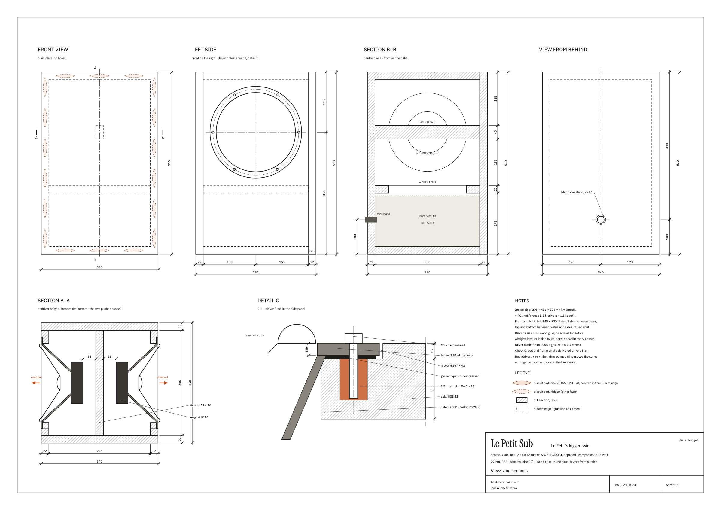Building plan, sheet 1: views and sections, with the driver mounting detail