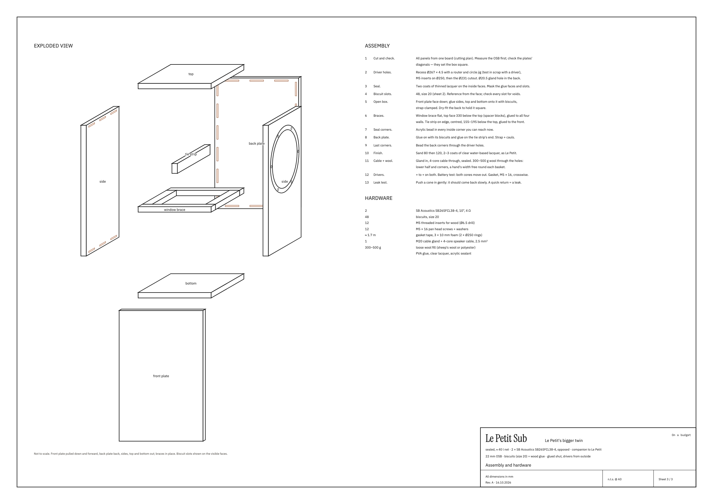 Sheet 3: exploded view, assembly order, hardware